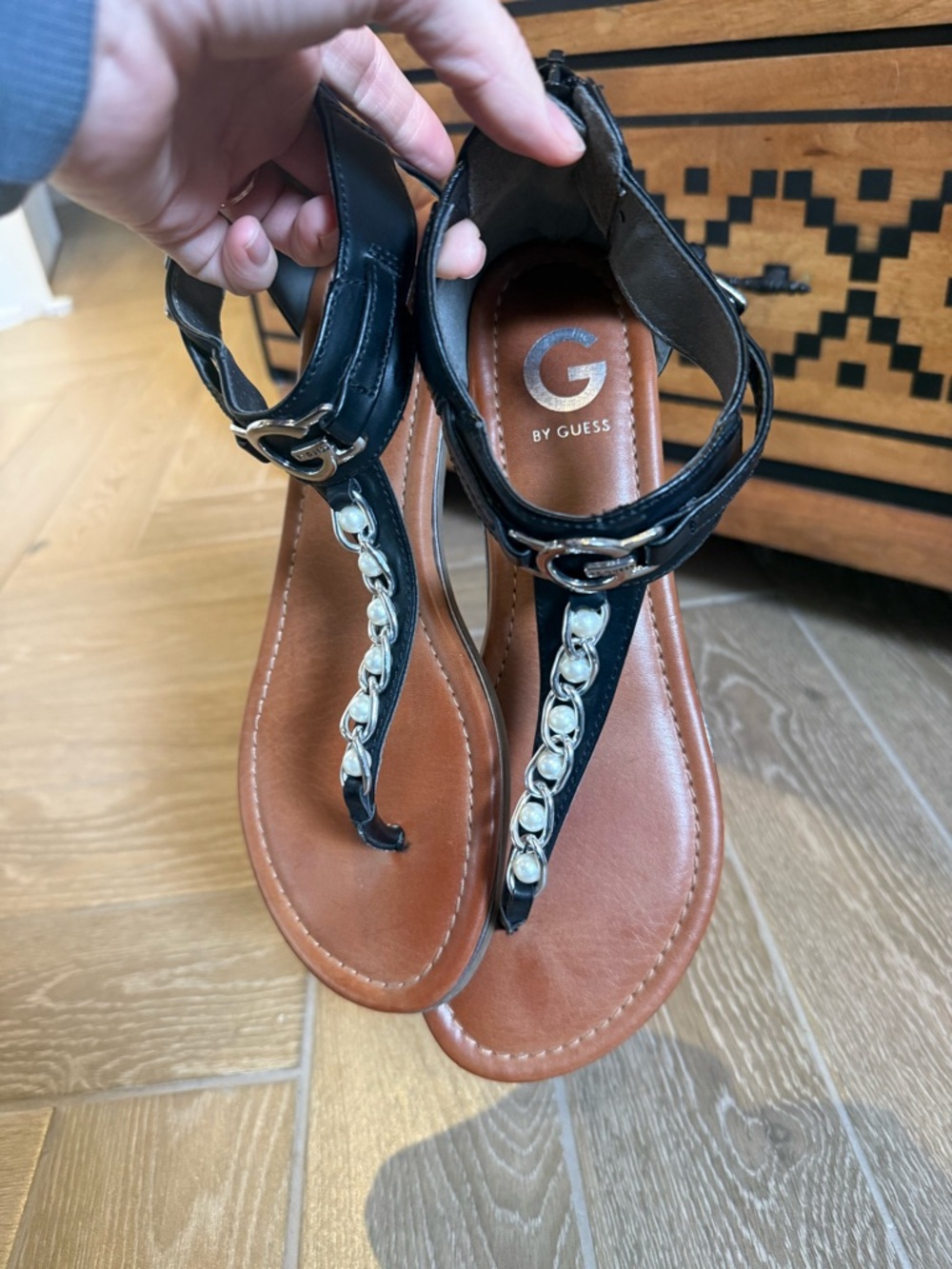 G by Guess Black T-Strap Sandals with Silver Chain